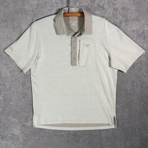 Arc'teryx Polo Shirt Mens Size L Light Gray Tan Snap Button Chest Zip Pocket